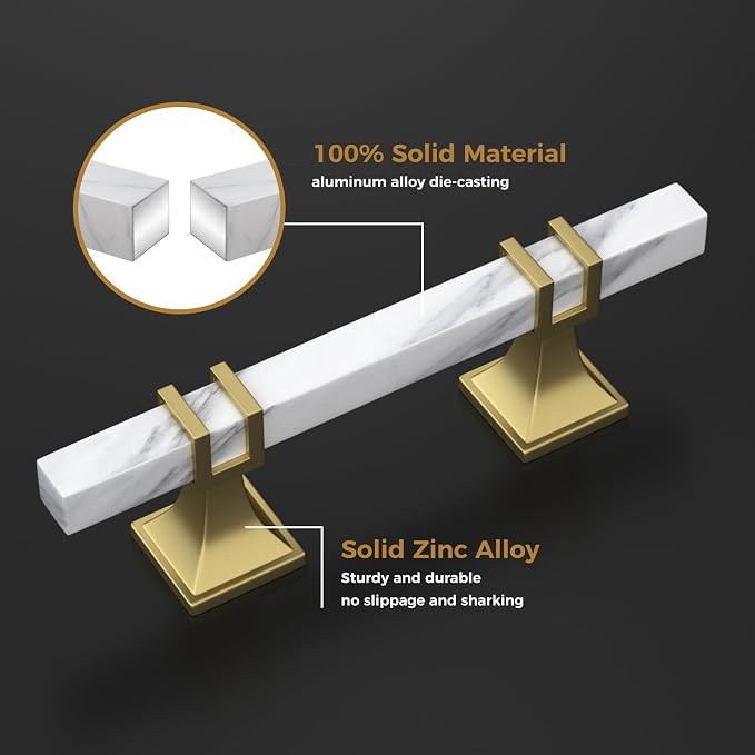 25 Pack 3-3/4 Inch White Marble Cabinet Pulls, Gold Cabinet Handles Marble Grain and Gold Pulls, Kitchen Cabinet Handles Square Dresser Drawer Pulls Kitchen Hardware