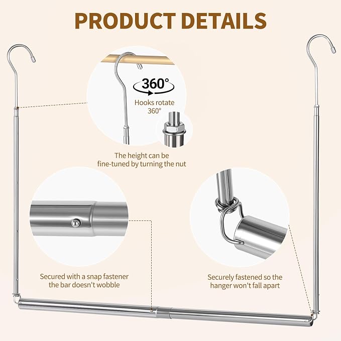 Foldable Hanging Closet Rod Adjustable Width and Height, Chrome | Space-Saving Clothes Hanging Bar，Heavy Duty Closet Hanging Organizer Closet Extender Hanging Rod Double Hanging Rod ,2 Pack