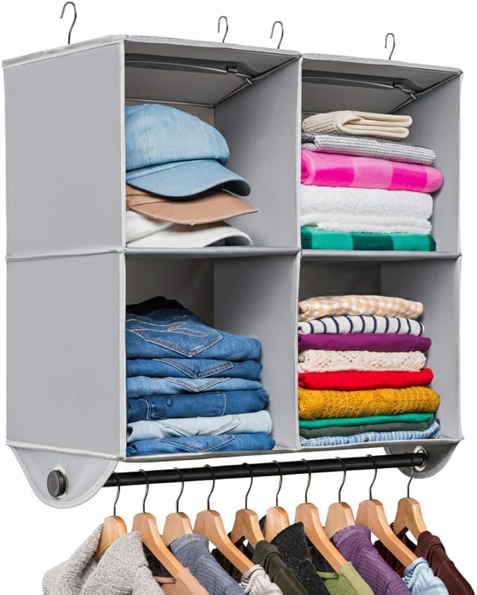 HOLDN’ STORAGE Hanging Closet Organizer with Garment Rod – Heavy Duty 4-Shelf Hanging Shelves for Clothes, Sweaters & Shoes, Reinforced 600D Fabric Storage Unit with Built-in Clothing Rod, Grey