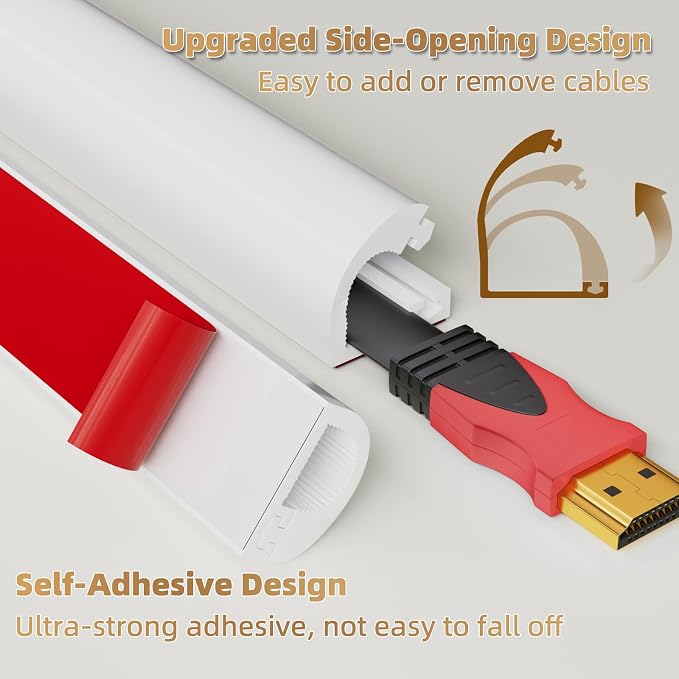 118" Side Open One Cord Hider (<1/4") for Wall Mounted Tv,Silicone Flexible Cable Cover to Hide Conceal Cords Along Wall,Wire Raceway Management Cable Concealer Channel,Electric Cord Organizer,White