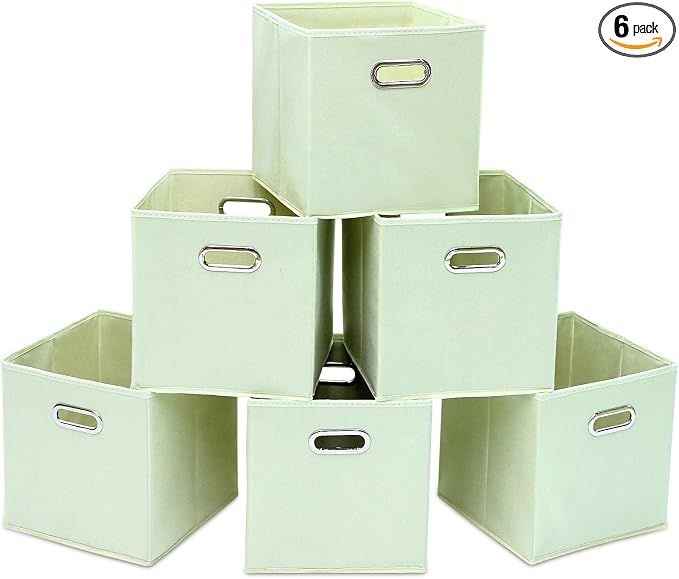 STOREONE Fabric Storage Bins Cubes Baskets Containers-(11X11X11) with Dual Handles Cube Storage Organizer Bins for Shelf Closet, Bedroom Organizers, Foldable Set of 6 (Creamy- White )