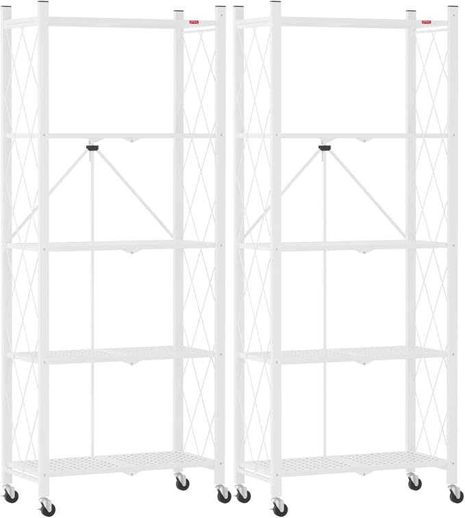 DEANIC 5-Shelf Folding Bookcase with Wheels, Heavy Duty Storage Shelves, Freestanding Metal Wire Shelving Unit for Living Room, Office, Kitchen, Basement, Pantry(White 2 Pack)