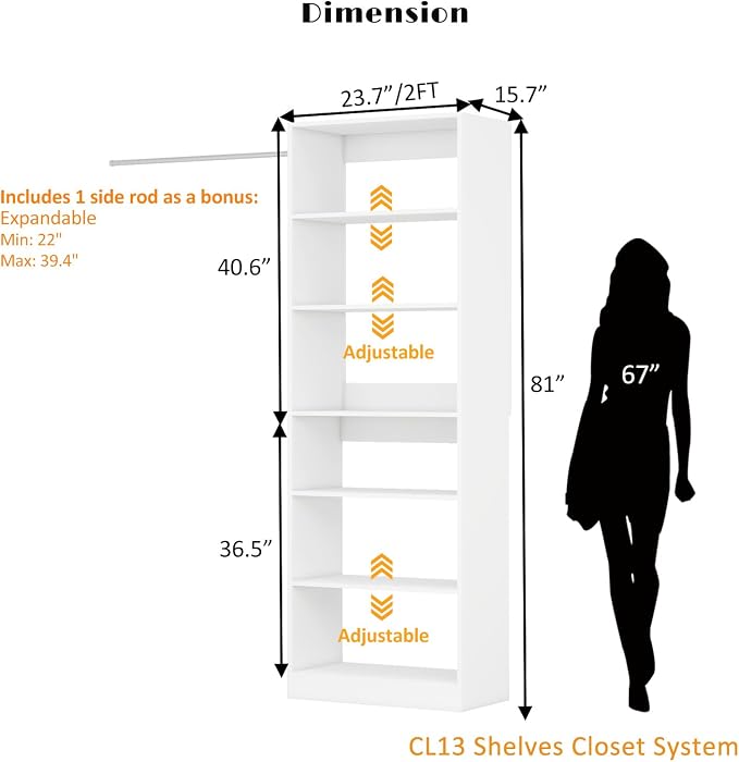 Closet System with 6 Shelves, 2FT Closet Organizer System Small Walk-in Closet Freestanding Corner Closets Shelf Storage Unit White (2FT)