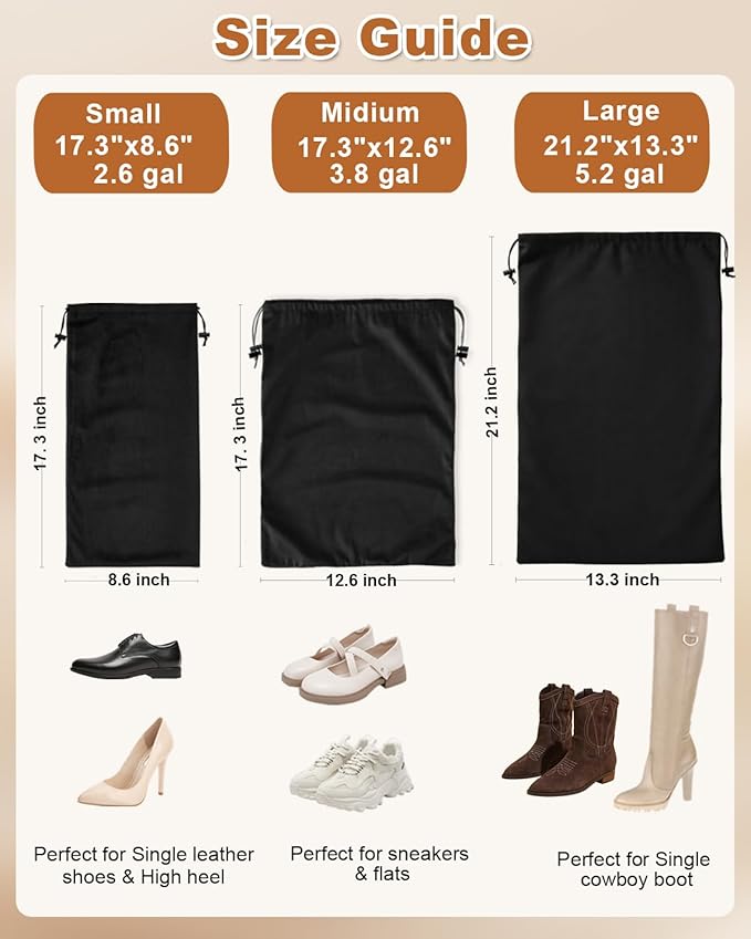 2 Pcs Shoe Bags for Travel, Dust Velvet Bags, Black Beauty, 17.3x12.6 Inch | Washable & Reusable Travel Shoe Bags, Dustproof Shoe Bags with Drawstring Closure, Suitable for Travel, Home Storage
