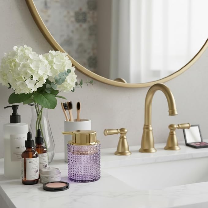 Foaming Soap Dispenser, 2pcs Purple Glass Foam Soap Dispenser with Gold Pump, Refillable 10oz Lotion Liquid Container Pump Bottle for Bathroom Kitchen Countertop