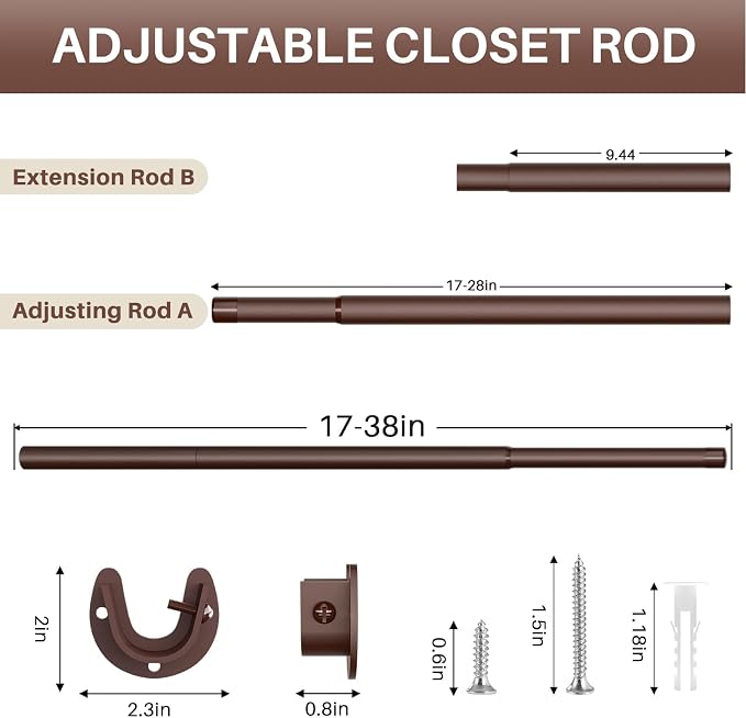 SUTINE Closet Rod - Closet Rods for Hanging Clothes, 17 to 38 inch Adjustable Closet Hanging Rod, Heavy Duty Clothes Rod Clothing Bar, Closet Poles for Hanging Clothes for Wardrobes, Shower Curtain