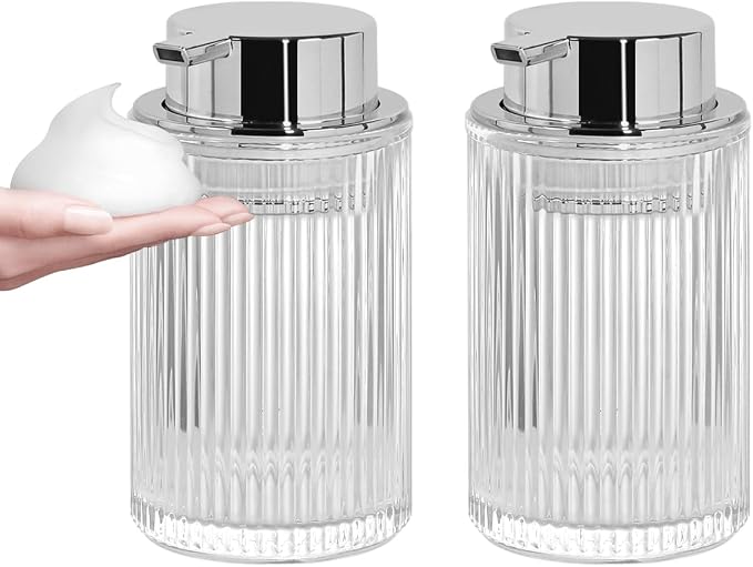 Foaming Soap Dispenser, 12 Oz Thick Glass Foam Hand Soap Dispenser, Refillable Glass Foam Pump Bottle Container Decorative Slim Ribbed Bottle for Bathroom and Kitchen (2, Clear Silver)