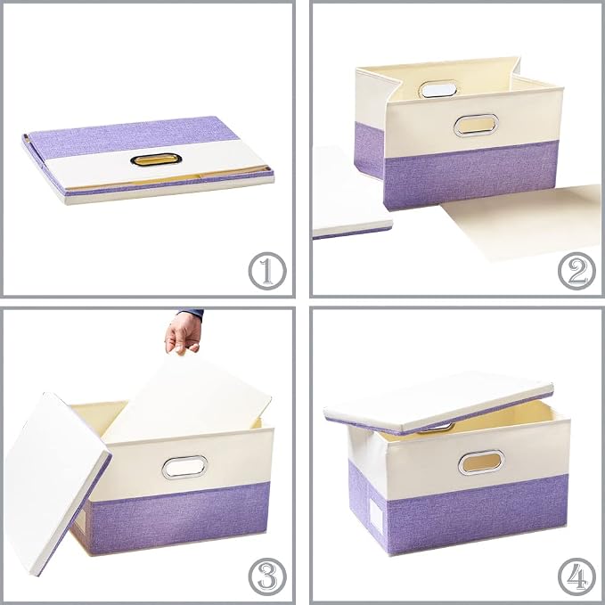PRANDOM Collapsible Storage Bin with Lid [3-Pack] Fabric Foldable Storage Box Organizer Container Basket Cube with Cover for Home Bedroom Closet Office Nursery Purple&Cream(14.9x9.8x9.8)