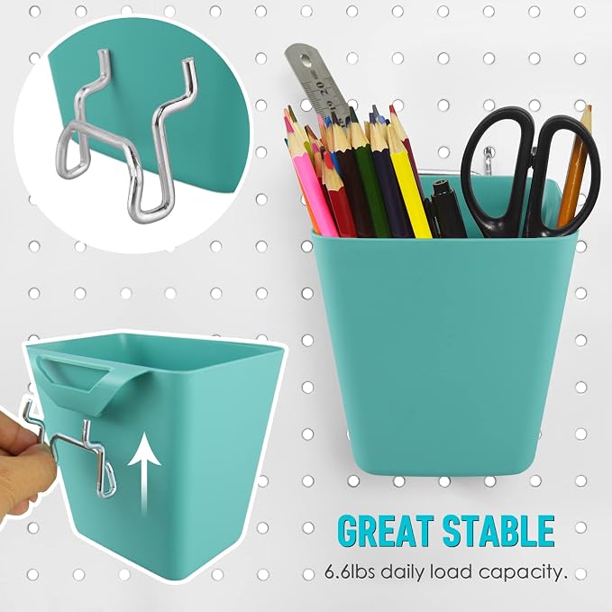 Large Pegboard Cups, 6Pack Peg Board Square Storage Bins With Hooks (Green) | Big Open-Mouth Cups, 1/8" 1/4" Pegboard Organizer Accessories, Cup Holder for Craft Garage Workbench Office Tools Supplies