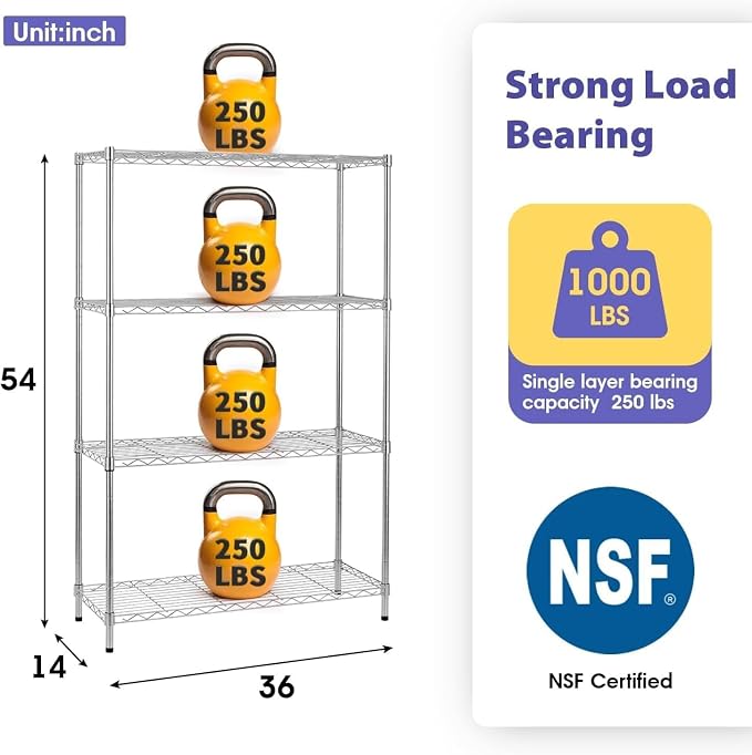 Meet perfect 4-Tier Heavy Duty Wire Shelving Unit, 1000 lbs Total Capacity Metal Storage Shelves, Adjustable Organizer Rack for Garage, Kitchen, Pantry, Laundry Room, 35.5" W x 14" D x 54" H