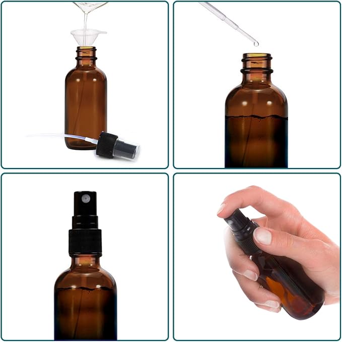 4 oz Amber Glass Spray Bottles for Essential Oils, Small Empty Fine Mist Spray Bottle,4 Pack with Funnel Dropper