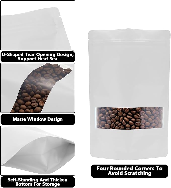 100PCS Foil Pouch Mylar Bags with Clear Window,ULIFESTAR Stand Up Sealable Bags with Tear Notches,Resealable for Food,Party Favors,Gift Packaging and Small Business(12 * 20cm/4.72 * 7.87",White)