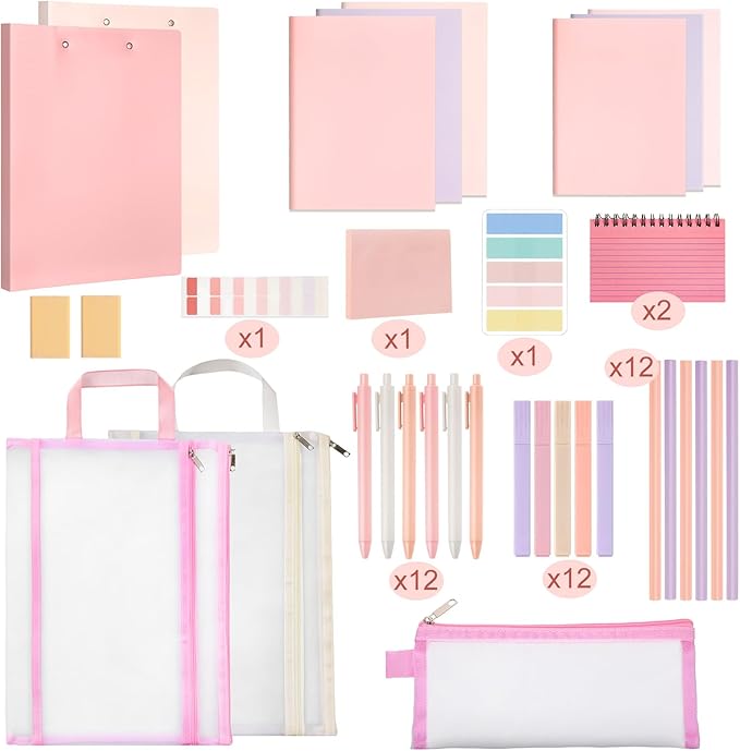 Colarr 54 Pcs Cute Notebook Stationery Set for Women, Bible Study Supplies, 6 Lined Notebooks, 36 Pens, Sticky Notes & Tabs, Bags & Folders for Work Journal Study College Office Supply(Pink)