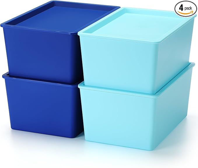 Menkxi 4 Pcs Storage Bins with Lids Plastic Stackable Containers for Organizing Shelves Christmas Ornament Box Baskets(Dark Blue, Light Blue,Large)