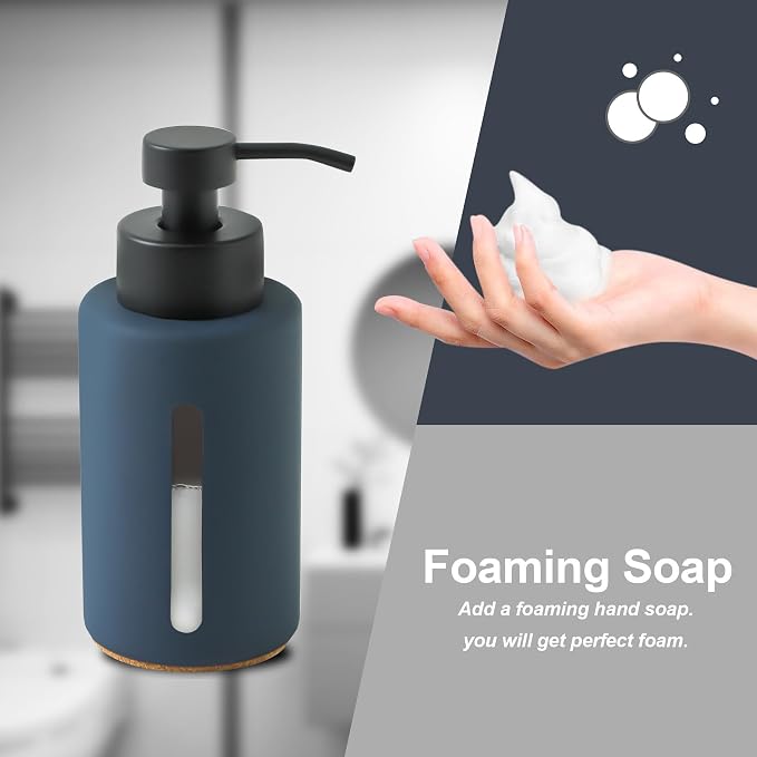 Thick Glass Foaming Soap Dispenser with Clear Window,12oz Blue Bathroom Soap Dispenser with Stainless Steel Pump, Modern Boho Refillable Pump Bottle for Bathroom Kitchen (Foam-Blue)