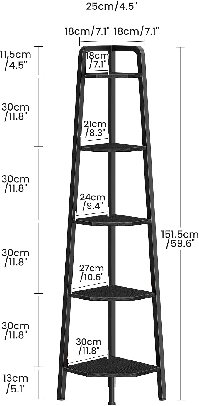 CHOEZON Corner Shelf, 5-Tier Ladder Corner Shelf, Ladder Bookshelf, 59.6" Tall Vertical Display Stand, Metal Frame Bookshelf, for Living Room, Bedroom, Kitchen, Black TCJ20BB