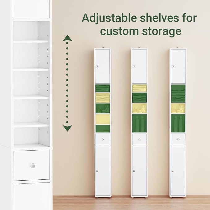 SoBuy Narrow Bathroom Storage Cabinet, 7.8 x 7.8 x 70.8 in, White | Anti-Tipping Narrow Freestanding Bathroom Cabinet With Adjustable Shelves, Slim Storage For Tight Bathroom Corners, BZR34-W