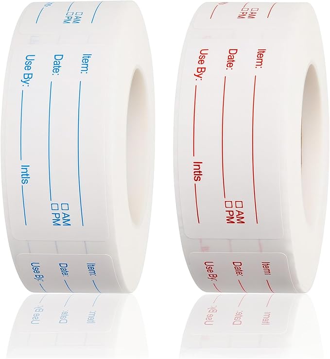 2 Rolls Removable Freezer Food Labels, 1x2 Meal Prep Date Stickers | 1000 writable 1x2" labels (blue/red). Strong freezer-safe adhesive removes cleanly with zero residue. Ideal for meal prep