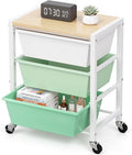 Rolling Cart with 3 Drawers, Plastic Drawer Storage Carts with Lockable Wheels & Wooden Tabletop, Metal Art Craft Utility Cart Organizer for Home Office Bedroom Dorm Bedside Classroom, Bright Green