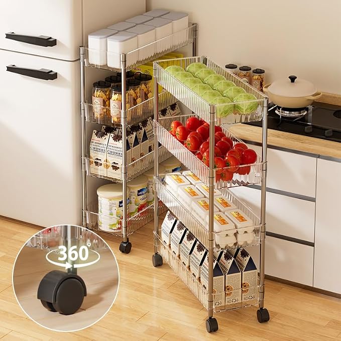 Sooyee Slim Rolling Storage Cart, 4 Tier, Clear | Bathroom Rolling Utility Cart Storage Organizer, for Office Bathroom Kitchen Laundry Room Narrow Places