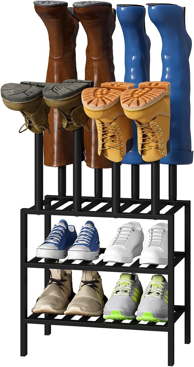viewcare Black Boot Rack, Small Boot Rack Organizer Tall Boots with Shoe Rack for Closet, Bamboo Wood Shoe Shelf Storage Organizer for Entryway Small Space