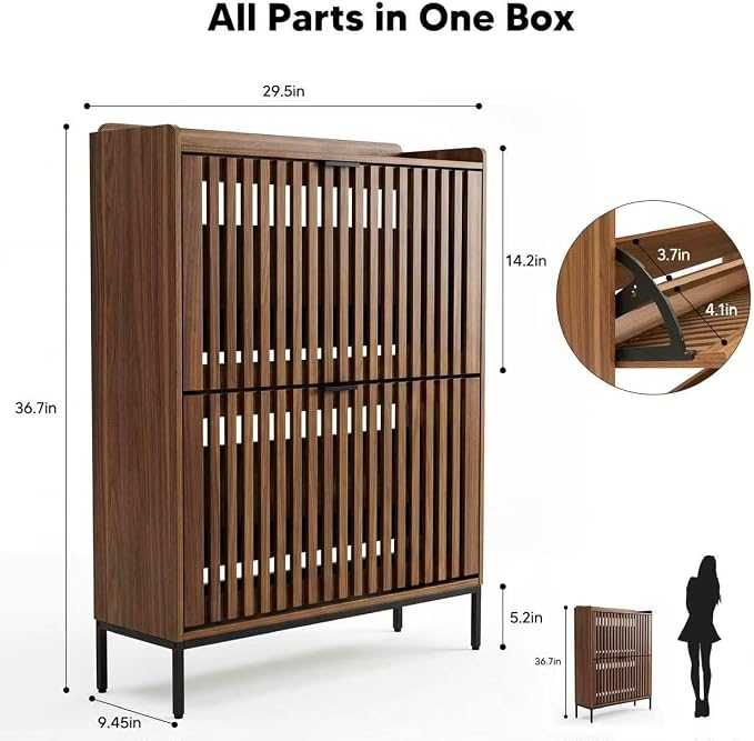 Shoe Cabinet for Entryway, Slim Freestanding Shoe Rack Organizer with 2 Flip Drawers, Narrow Hallway Storage Cabinet with Breathable Doors, Classic Walnut
