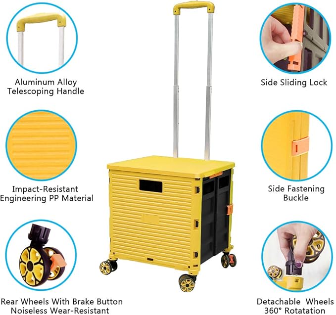 FELICON SELORSS Foldable Utility Cart Folding Portable Rolling Crate Handcart with Durable Heavy Duty Plastic Telescoping Handle Collapsible 4 Rotate Wheels for Travel Shop Move Luggage Office(Yellow)