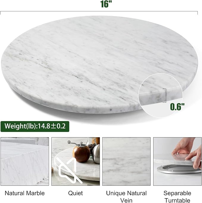 Marble Lazy Susan, 16” Lazy Susan for Table Top Detachable Turntable Organizer for Cabinet Pantry Kitchen Countertop Fridge Bathroom Makeup Vanity Countertop, Bianco Carrara