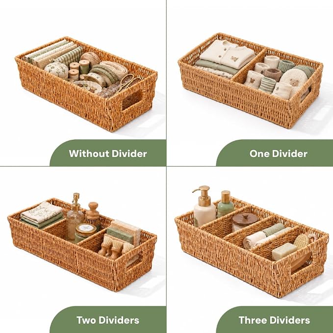 Nature-Inspired Rattan Pantry Organizer Baskets Set of 2 with 3 Removable Dividers – Handwoven Storage Bins for Kitchen or Bathroom Organization, Ideal for Snacks, Coffee & Tea (13” x 7.3” x 3.7”)