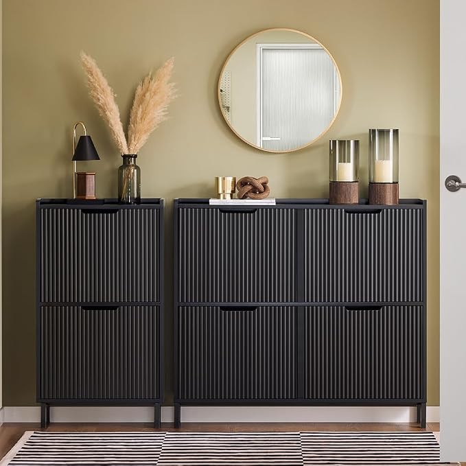 SoBuy Shoe Storage Cabinet for Entryway | Freestanding Shoe Organizer Cabinet, Narrow Slim Hidden Shoe Rack, FSR177 (Black, 4-Drawers)