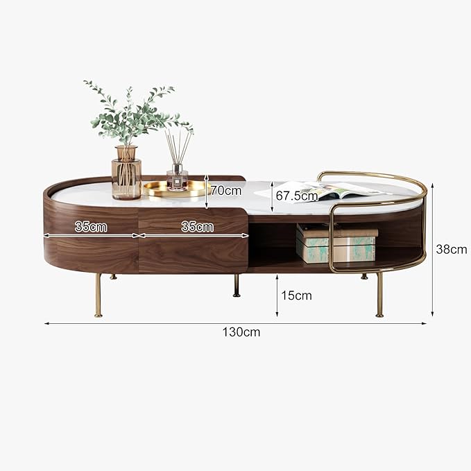 Lartis Oval Coffee Table in Walnut, Sintered Stone Living Room Table with Semi-Circular Storage,Multi Functional Marvel for Modern Living Room (White, 51 in)