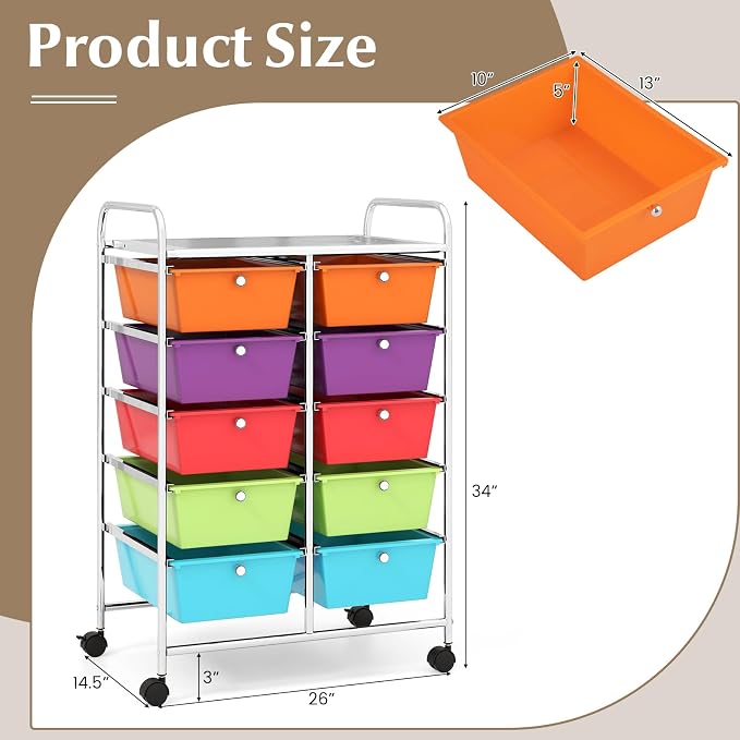 COSTWAY 10 Drawer Rolling Storage Cart, Utility Cart with Lockable Wheels | Mobile Art Supply Craft Organizer with Metal Frame, Multipurpose Drawer Cart for Paper for Office, School, Multi-color