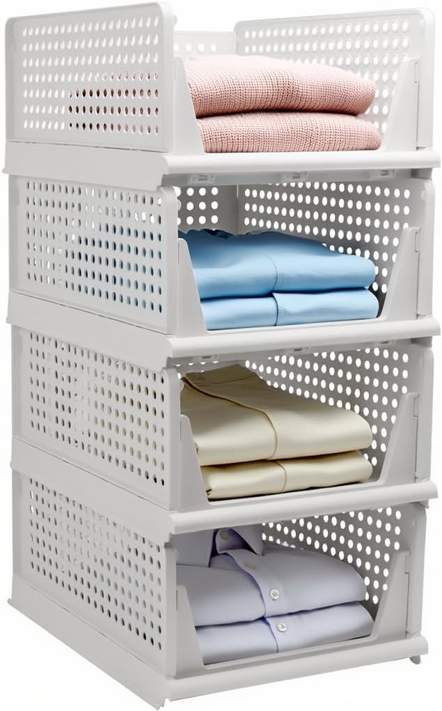 Goderewild Stackable Foldable Storage Baskets, Folding Storage Bins, Closet Organizers and Plastic Drawer Shelf Storage Container for Wardrobe, Cupboard, Kitchen, Bathroom, Office (White, 4L)