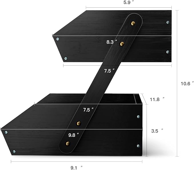 G.a HOMEFAVOR 2-Tier Fruit Basket for Kitchen Counter, Black, Self-assembly | Bamboo Fruit Bowl, Vegetable Storage for Fruit Shop and Home Organizer, 15 mm Thickness