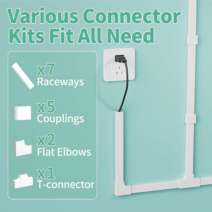 Delamu Cord Hider, 100in Self-Adhesive Cord Cover Kit for Wall Mounted TV, Paintable Wire Hider, Flexible Cable Management System, Cable Raceway Conceals 2-3 Wires, W0.95 H0.55in, White