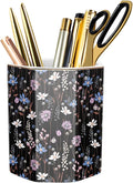 Ceramic Floral Pen Holder for Desk, Cute Large Capacity Colored Pencil Organizer for Office, Makeup Brush Holder for Girl Women, Black Flower
