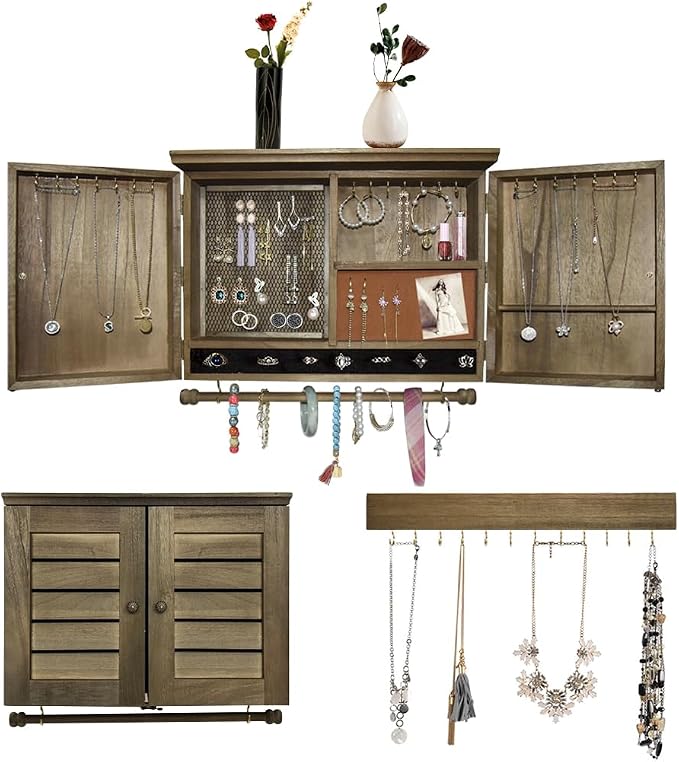 Rustic Wall Mounted Jewelry Organizer,Vintage Wooden Hanging Jewelry Holder Box with Barndoor Decor for Necklaces, Earings, Bracelets, Rings, Accessories. Includes Hook Organizer