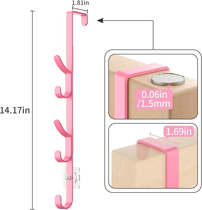 Kaiferty Over The Door Hooks, Metal Door Hooks for Hanging, Over The Door Purse Organizer for Door Coat Hanger, Back of Shower for Hanging Towel Rack Clothes, Hat, Bathroom, Closet (Pink-2Packs)
