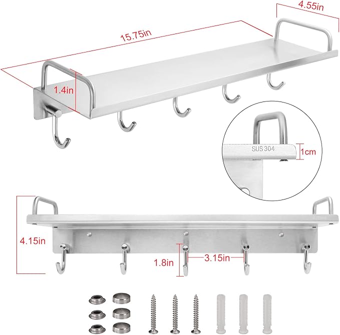 Audmore Kitchen Utensil Rack, 15.7 In Spice Rack with 5 Hooks Wall Mounted | Stainless Steel Over the Stove Shelf, Hanging Storage Wall Shelf for Spatula Spoon, Seasoning Jar Organizer, Rust Resistant
