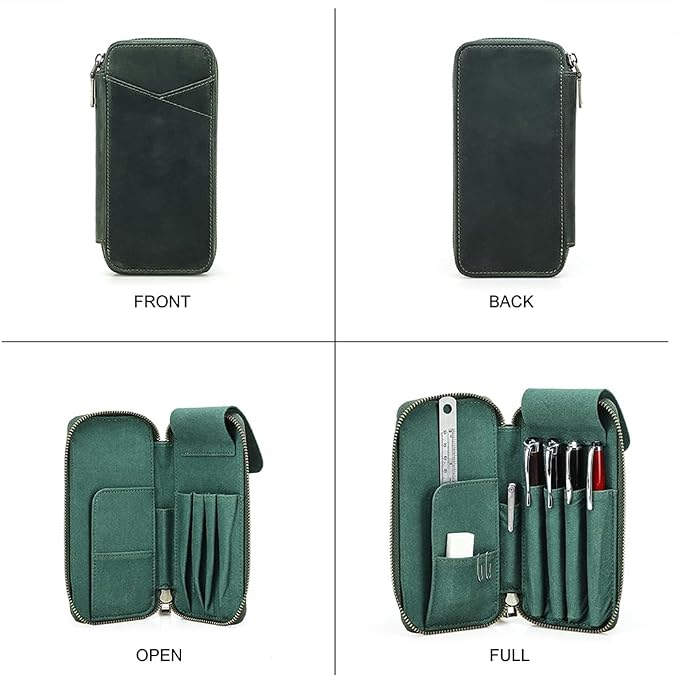 CONTACTS Full Grain Leather Pencil Case Handmade Vintage Zipper Pen Holder Pouch with Card Slot Pens Organizer Pockets Stationery Bag for Men and Women (Dark Green)