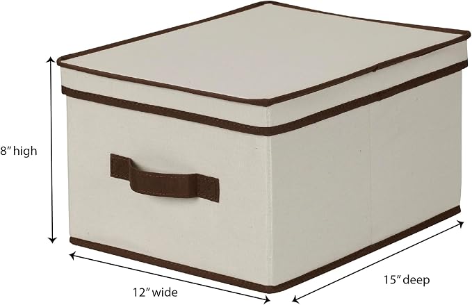 Household Essentials 513 Storage Box with Lid and Handle - Natural Beige Canvas with Brown Trim - Large
