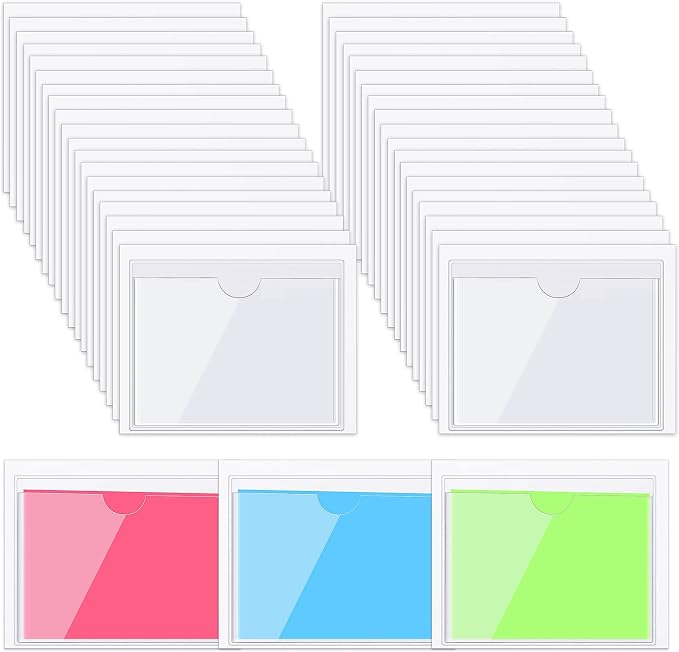 Chinco 30 Pcs Self Adhesive Pockets, Bin Labels for Storage Bins, Clear Pocket Label Sleeves, Plastic Index Card Holder with Top Open for Organizing Bins Box Drawer(2.75 x 3.5 Inches)