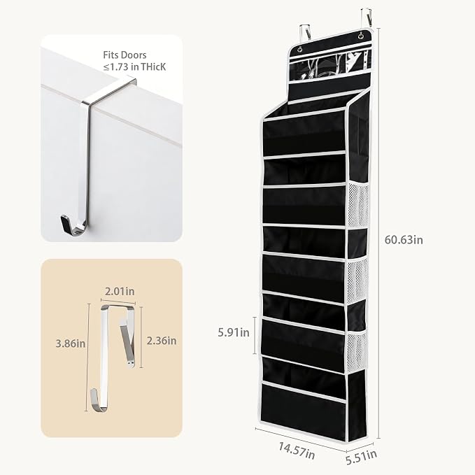Over the Door Organizer, Door Storage Organizer with Large Capacity Pockets, Hanging Shelves for Bedroom, Closet, Dorm, Pantry (Black, 4-Tier)