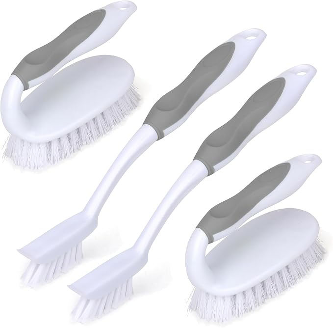 Scrub Brush Set, 4 Pack Deep Cleaning Brush Kit - 2 Scrub Brush, 2 Tile & Grout Brush with Built-in Scraper, Household Commercial Scrubber for Floor, Shower, Pool Wall, Tub (Gray)