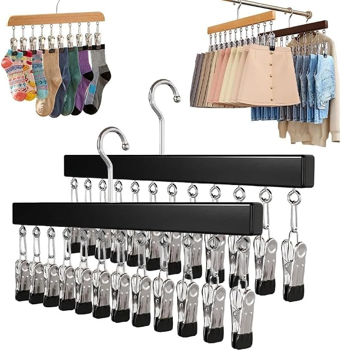 10/12-Clip Wooden Hanging Organizer, Sturdy Rack for Pants, Leggings, Socks, Hats, Scarves, Multi-Purpose Closet Storage for Home Use (2, Dark 12clip)