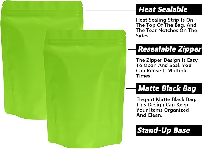 100PCS Smell Proof Resealable Pouch Bags,ULIFESTAR Aluminum Foil Flat Food Storage Bag,Sealable Pcsaging Zipper Pouches with Tear Notches for Pcsaging Lipgloss,Jewelry,etc(14*20cm/5.51*7.87",Green)