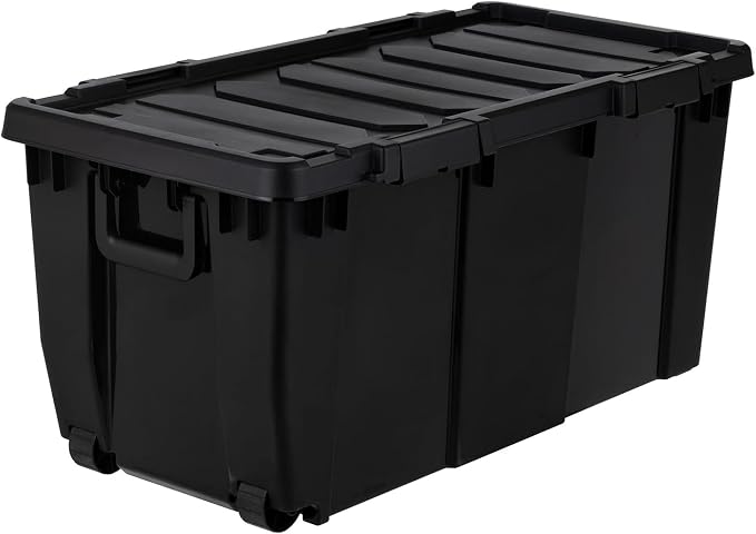 IRIS USA 32 Gallon Rolling Storage Bin with Lid, Heavy Duty, 2 Pack | Built-in wheels and lockable latches make transporting tools, camping gear, truck equipment, and garage storage effortless.