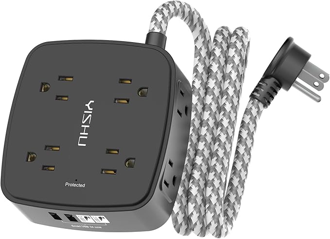 Surge Protector Power Strip - YISHU 8 Outlets with 4 USB (2 USB C) Charging Ports, 5Ft Braided Extension Cord, Flat Plug Multi Plug Outlet Extender Charging Station for Home Office, ETL, Black