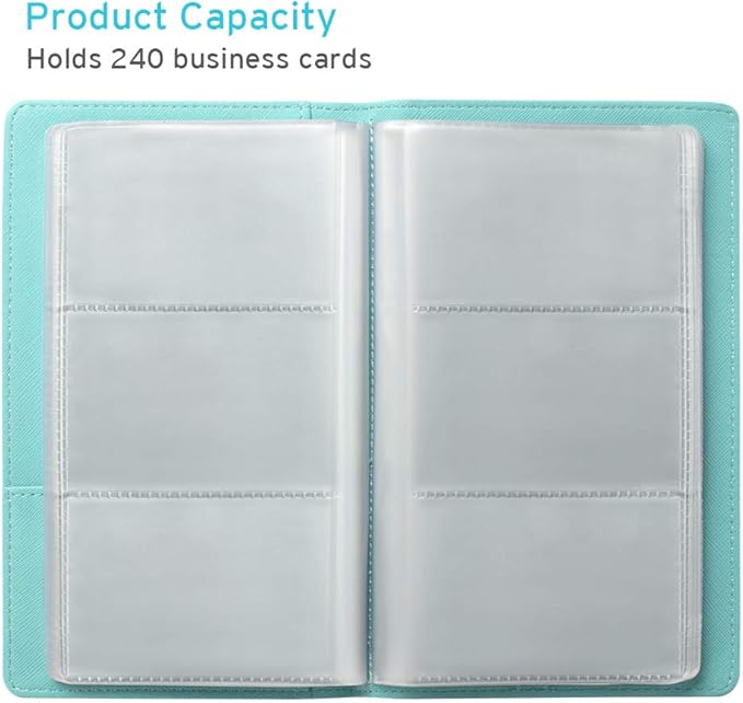 Sooez Leather Professional Business Card Book Holder Organizer, 240 Capacity Credit Card Booklet, PU Name Cards Holder Storage File for Men Women, 7.7"x 4.5" x 0.7", Mint Green