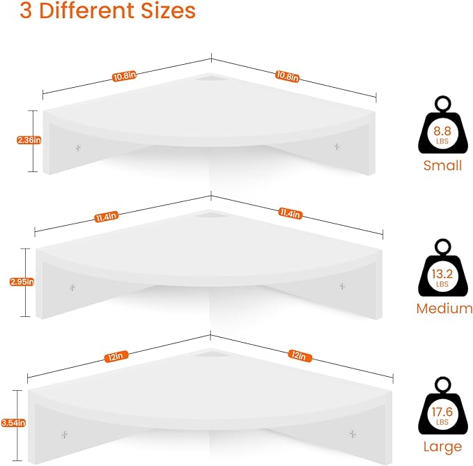 Homode Floating Corner Shelves, Set of 3 Wood Corner Wall Shelves with Wire Hole, 12 Inch Deep Hanging Corner Display Shelf for Living Room, Kitchen, Bedroom, White